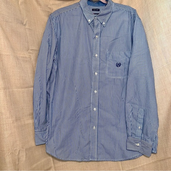 👔 Men's CHAPS Navy Blue & White Stripe Button Long Sleeve Shirt size Large - Picture 1 of 4